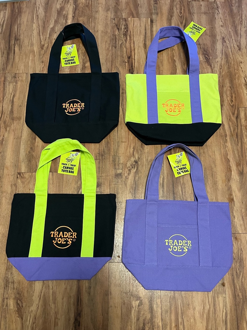 Trader Joe’s Halloween Mini Canvas Totes Pack of 4 Bags- Black, Purple, 2 Mixed